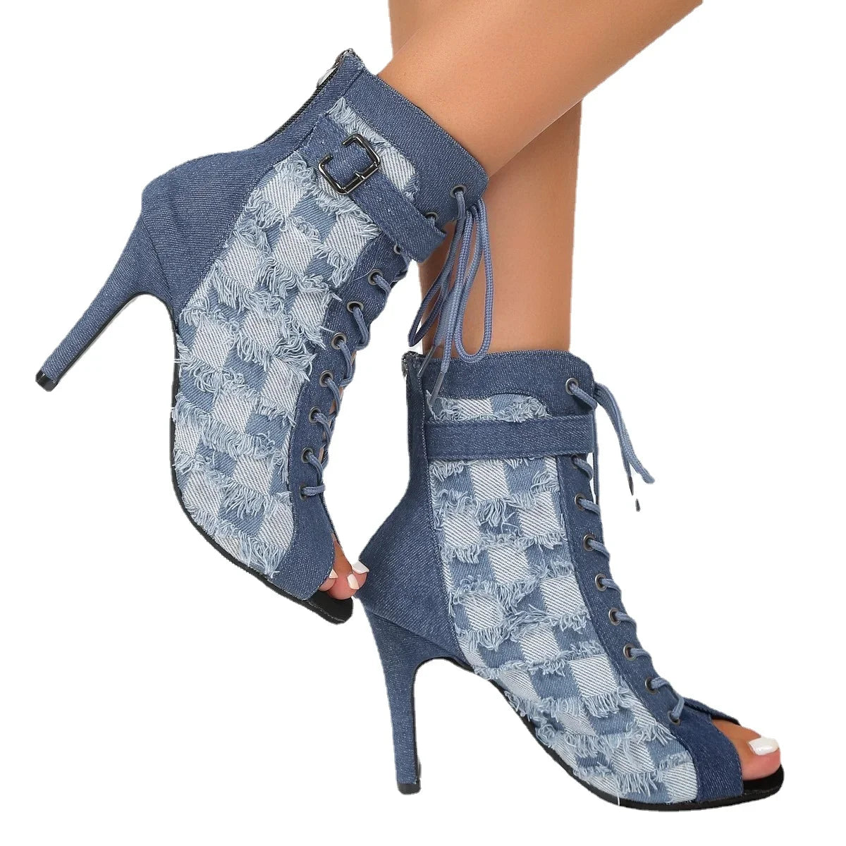 Rubber Latin Dance Boots Sexy Modern Shoes Dance High-heeled 9cm Sandals Lace-up Hollow Belt Buckle Fashion Square Denim