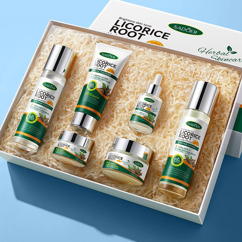 OEM ODM SADOER Licorice Root Amino Acid Vitamin C Hydrating Whitening Nourishing Repairing Skin Care Face Skin Set Suit Gift Box MegaBDM