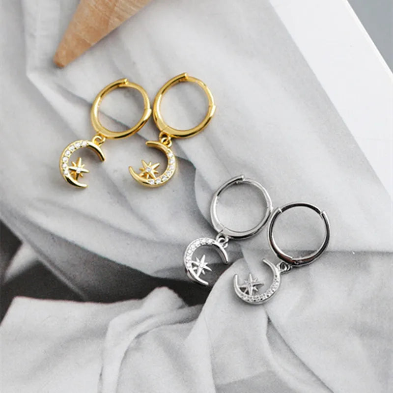 Fashion Gold Plated Mirco CZ 925 Sterling Silver Star and Moon Shape Hoop Earrings for Women