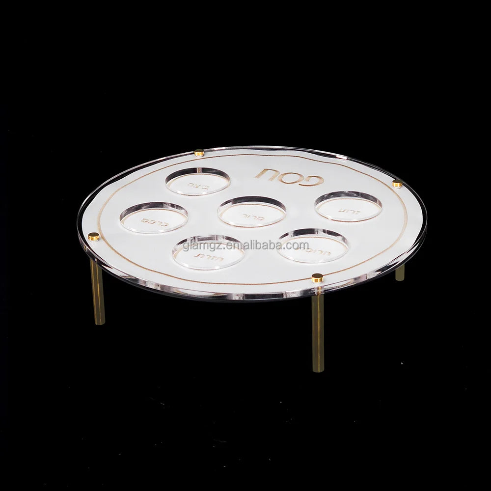 Modern Art Decor-Lucite Shabbat Gifts Clear Printing Jewish Passover Magnet Gold Words Judaica Acrylic Round Seder Plate