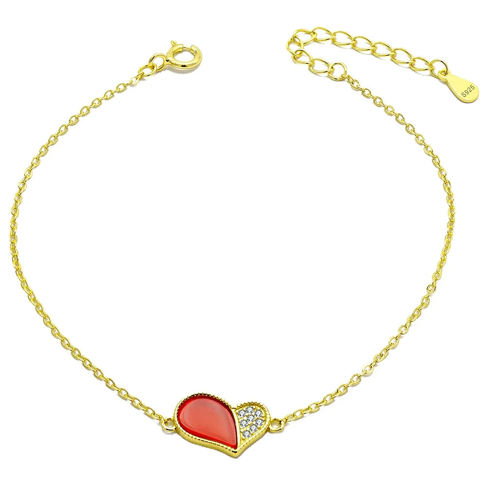 Fashion Fine Jewelry Bracelets Women 925 Silver Bracelet Sterling Red Agate Gemstone Heart Gold Plated Silver Jewelry for Women