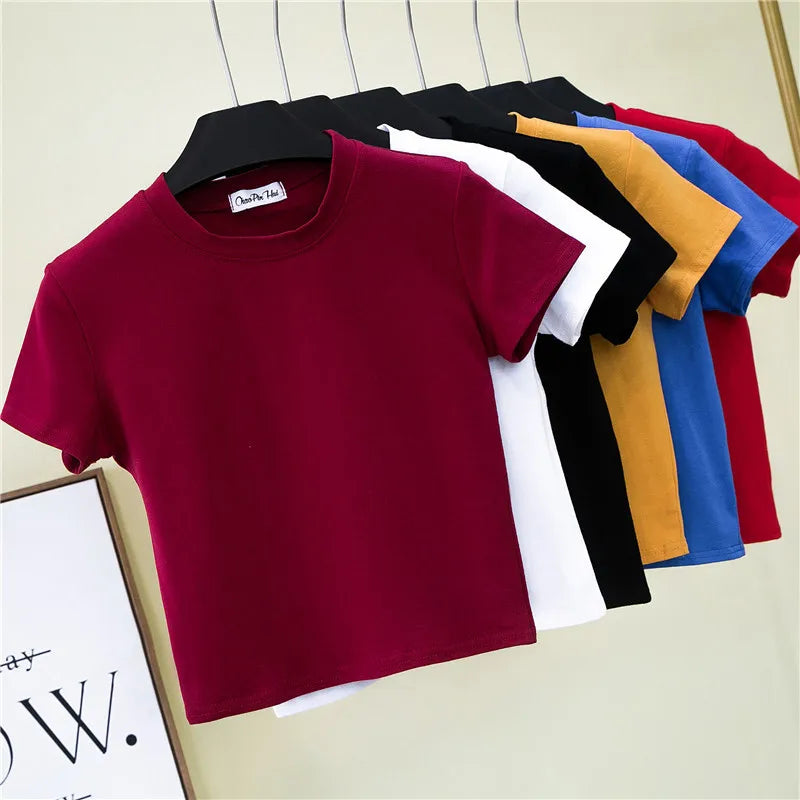 RNSHANGER Semi-high Neck Women's Short T Shirts Casual Solid Color Custom Logo Tight Crop Tops T-shirts for Women