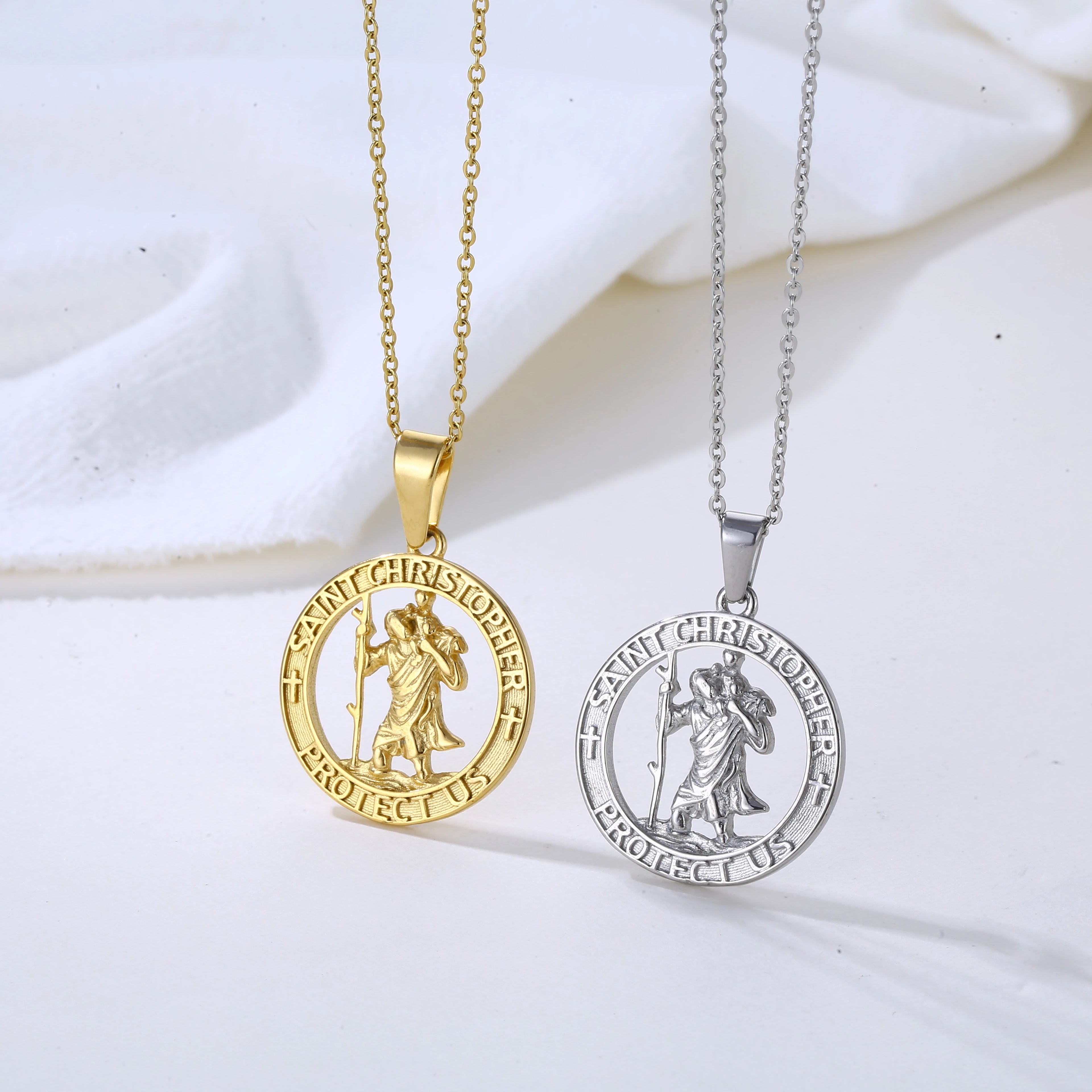 Wholesale Waterproof Custom Necklace Jewelry 18K Gold Plated Stainless Steel Saint Christopher Charm Pendant Necklace for Men