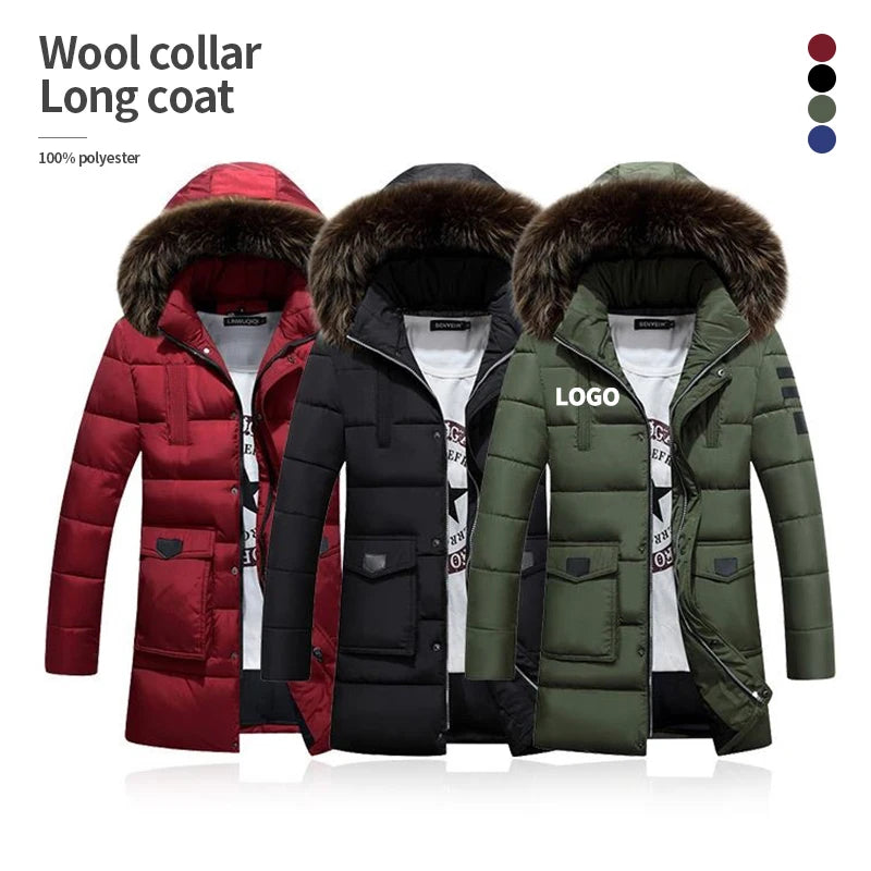 Hooded With Large Fur Collar Puffer Jackets Custom logo Long Black Puffer Jacket Men