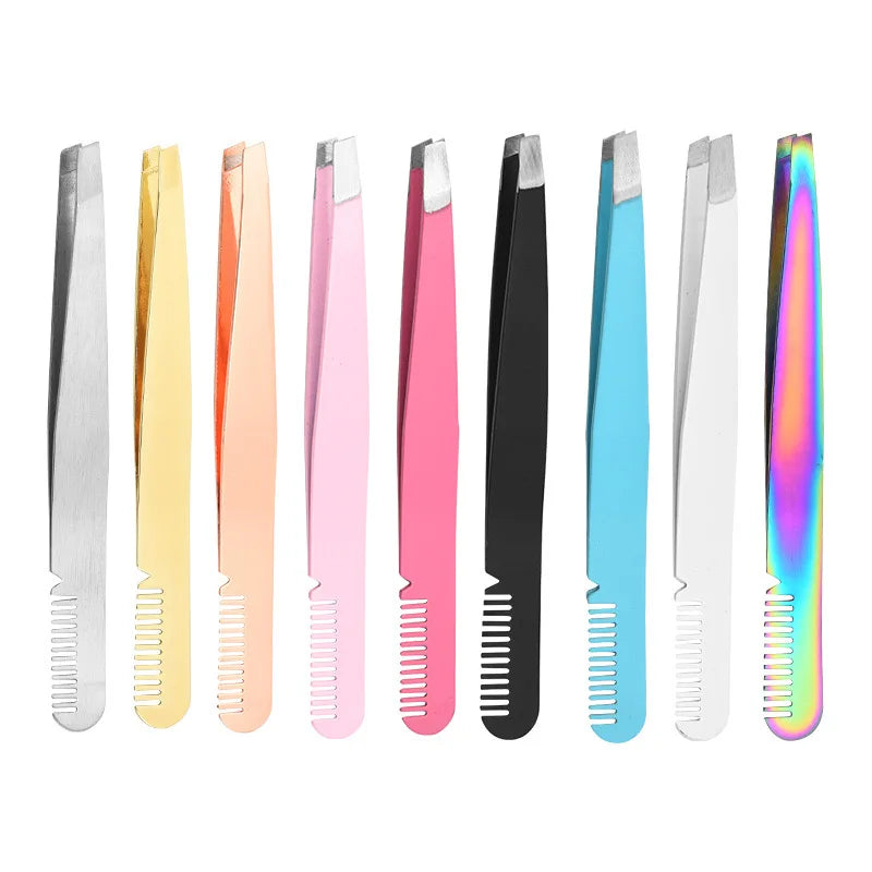 2026 Custom High Quality Stainless Steel Slanted Tip Eyebrow & Eyelash Tweezers Make-Up Brow Tweezer with Packaging