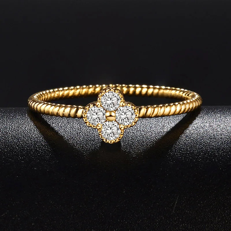 Wedding Rings Real Gold 18k Couple Four Leaves Lucky Clover Natural Diamond Girl Ring