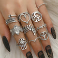 10 Pcs/set Jewelry Knuckle Ring European American Boho Style Hollow Heart Palm Pattern Combination Joint Ring Set