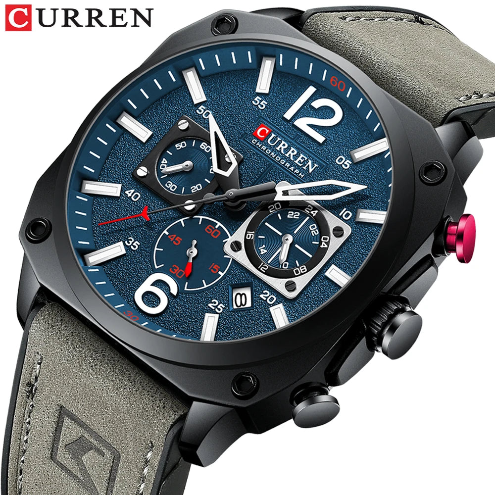 CURREN New 8398 Men Watch Fashion Waterproof Male Multi-function Chronograph Clock Leather Six Needle Calendar Quartz Watches