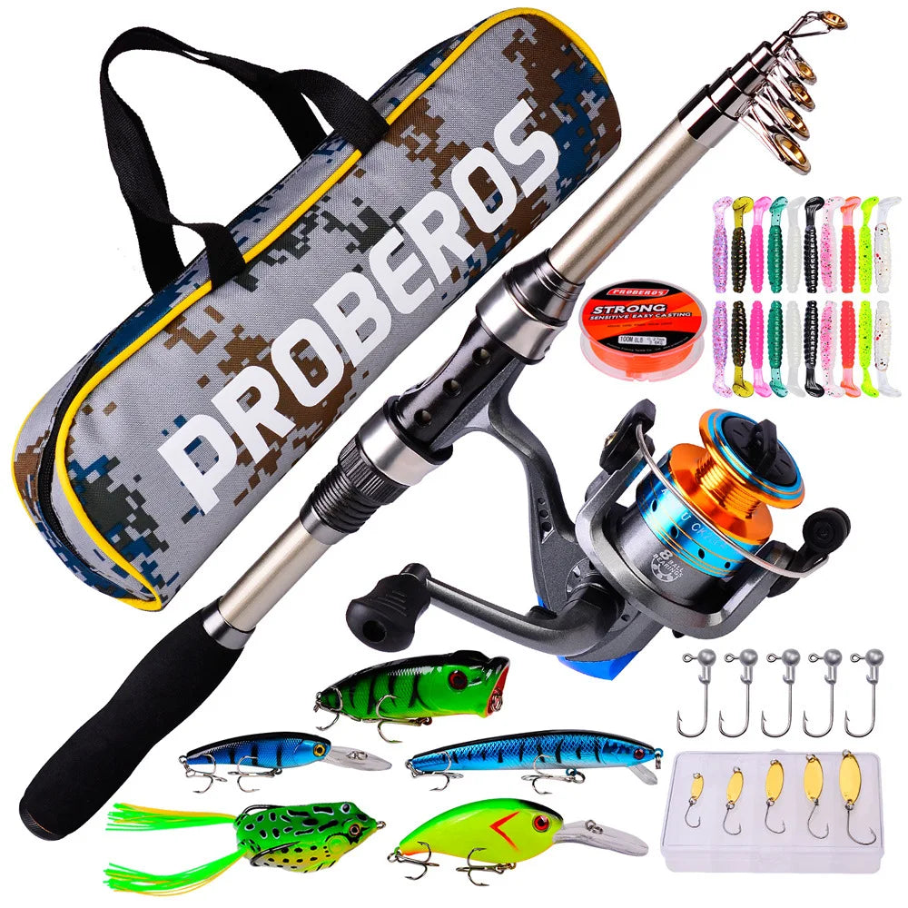 Fishing Rod Reel Combo Full Kit Telescopic Pole Set Spinning Line Lures Hooks and Carrier Bag Saltwater