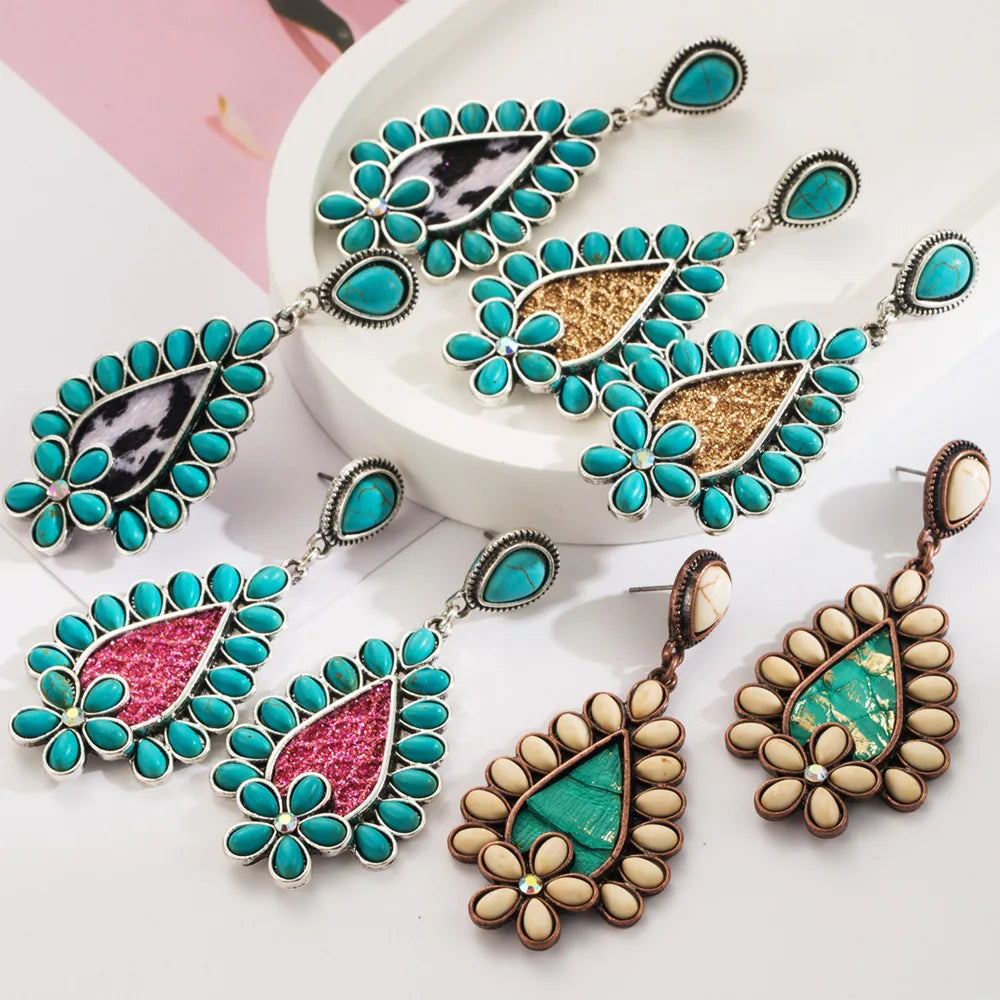 Boho Leopard Turquoise Euro-American Leather Dangle Earrings Jewelry with Exotic Print Handmade Statement Earrings