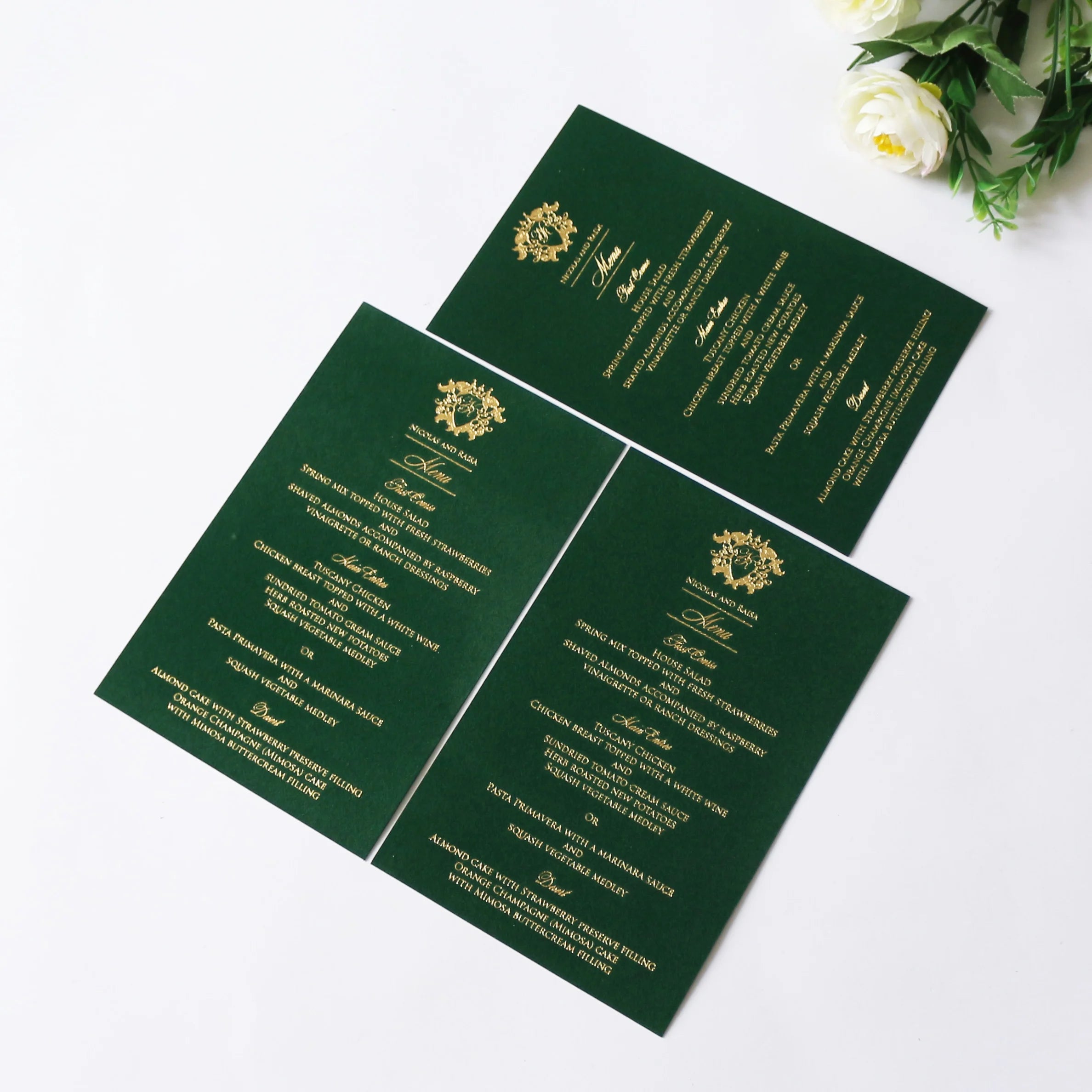 Deep Green Velvet Restaurant Food Menu Cards Gold Foil Craft Handmade Wedding Dinner Menus