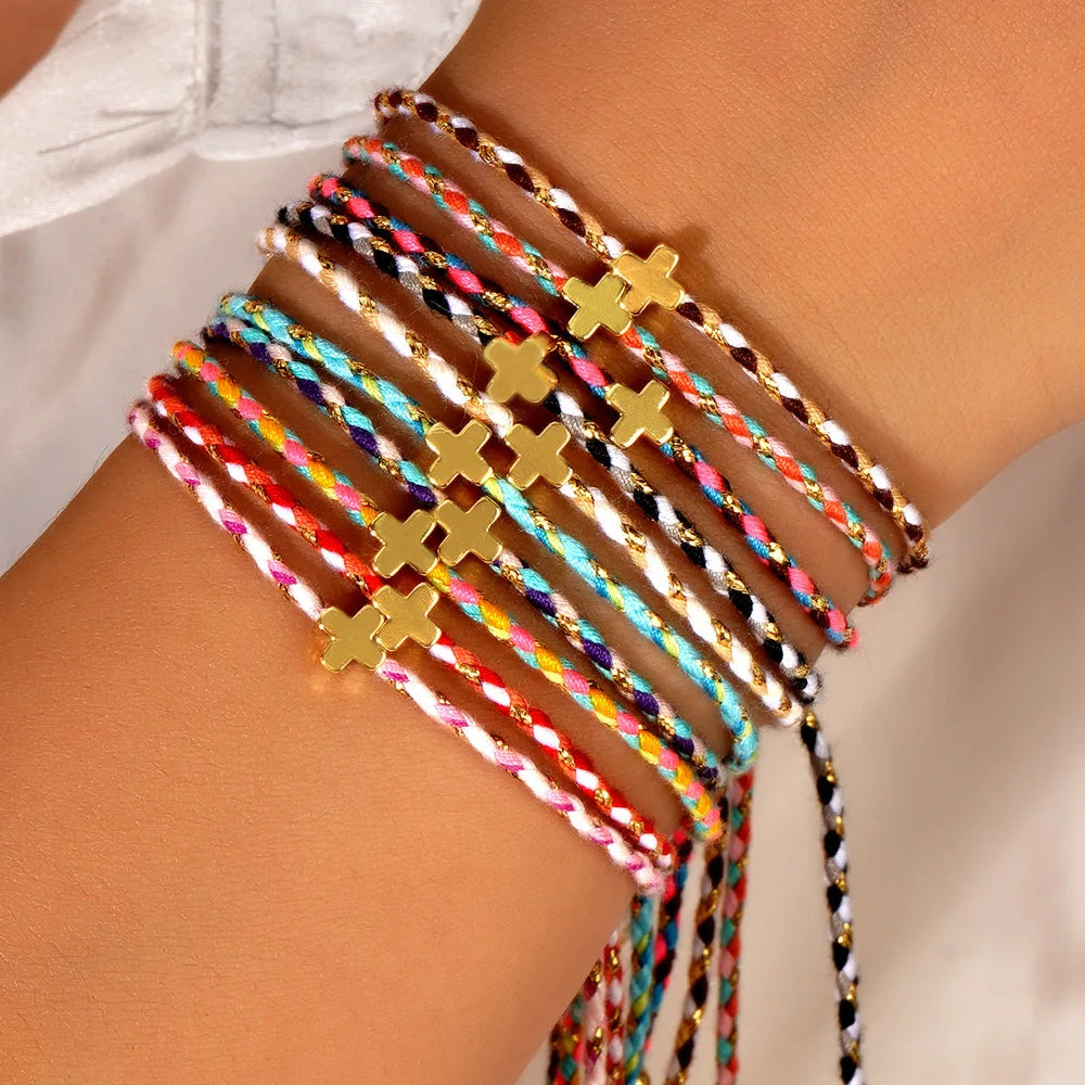 Wholesale Fashion Design Boho Handmade Jewelry Women Boho Handmade Woven Plated Cross Bracelets Bangles Gold Gift