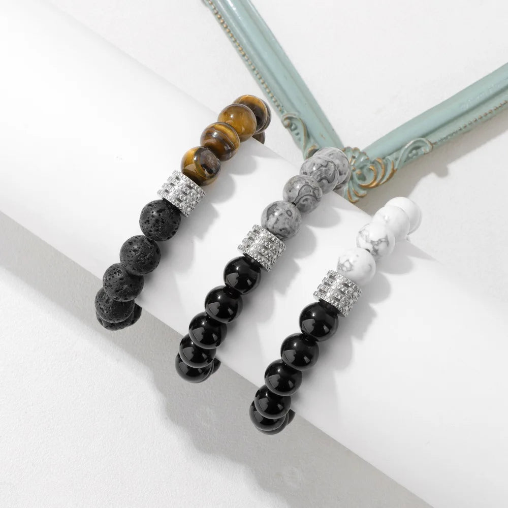 New Stainless Steel Gemstone Beads Bracelets & Bangles Jewelry Charm Natural Stone Malachite Tiger Eye Men Bead Bracelet