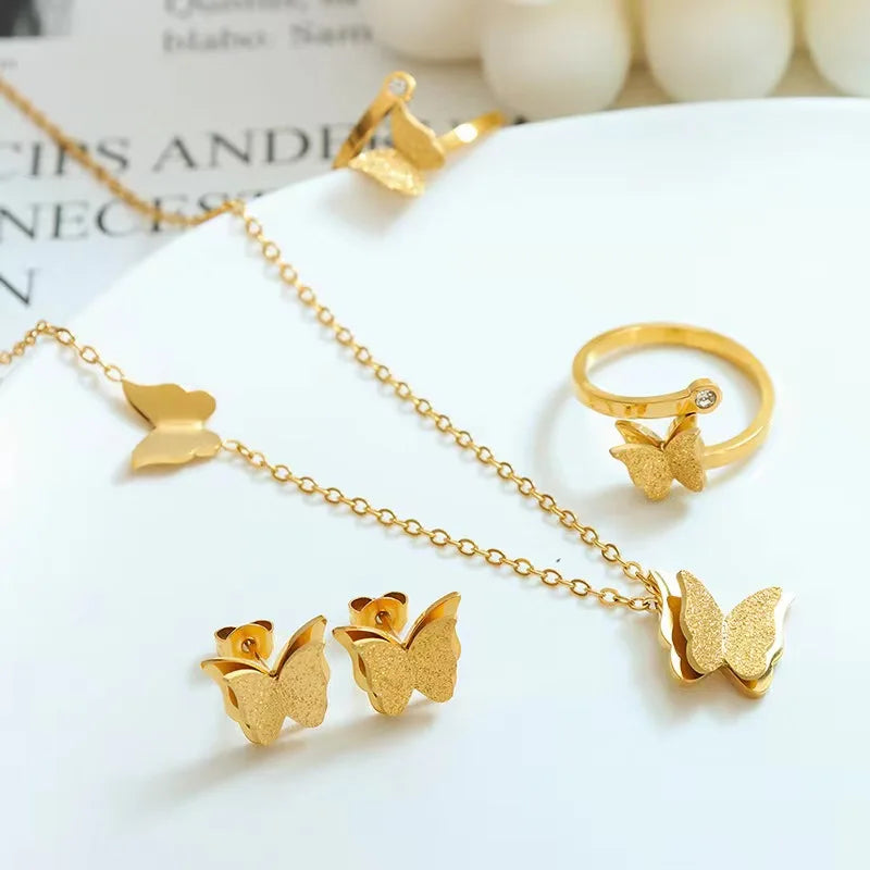 Necklace Bracelet Hoop Earrings Set Charm Stainless Steel Elegant Colorful Zircon Butterfly for Women Jewelry Sets Vintage 3pcs