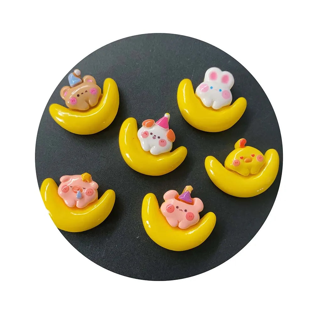 100Pcs Assorted Cartoon Moon Animals Flatback Resin Cabochons Lovely Bear Rabbit Chick Pig Embellishments for Scrapbooking Decor