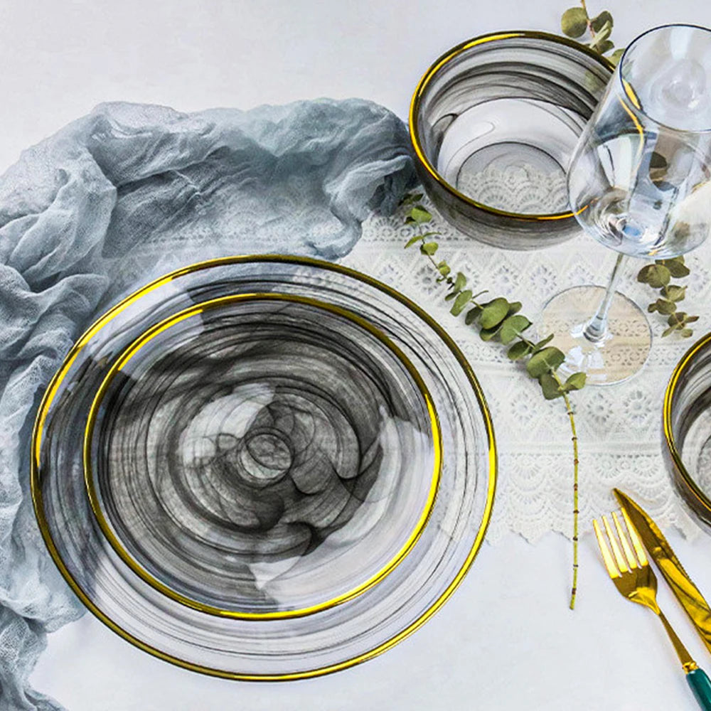 Elegant Foggy Smooky Gray White Gold Rimmed Dinner Serving Dishes Round Glass Charger Plate Set Tableware Plates Dinnerware Sets