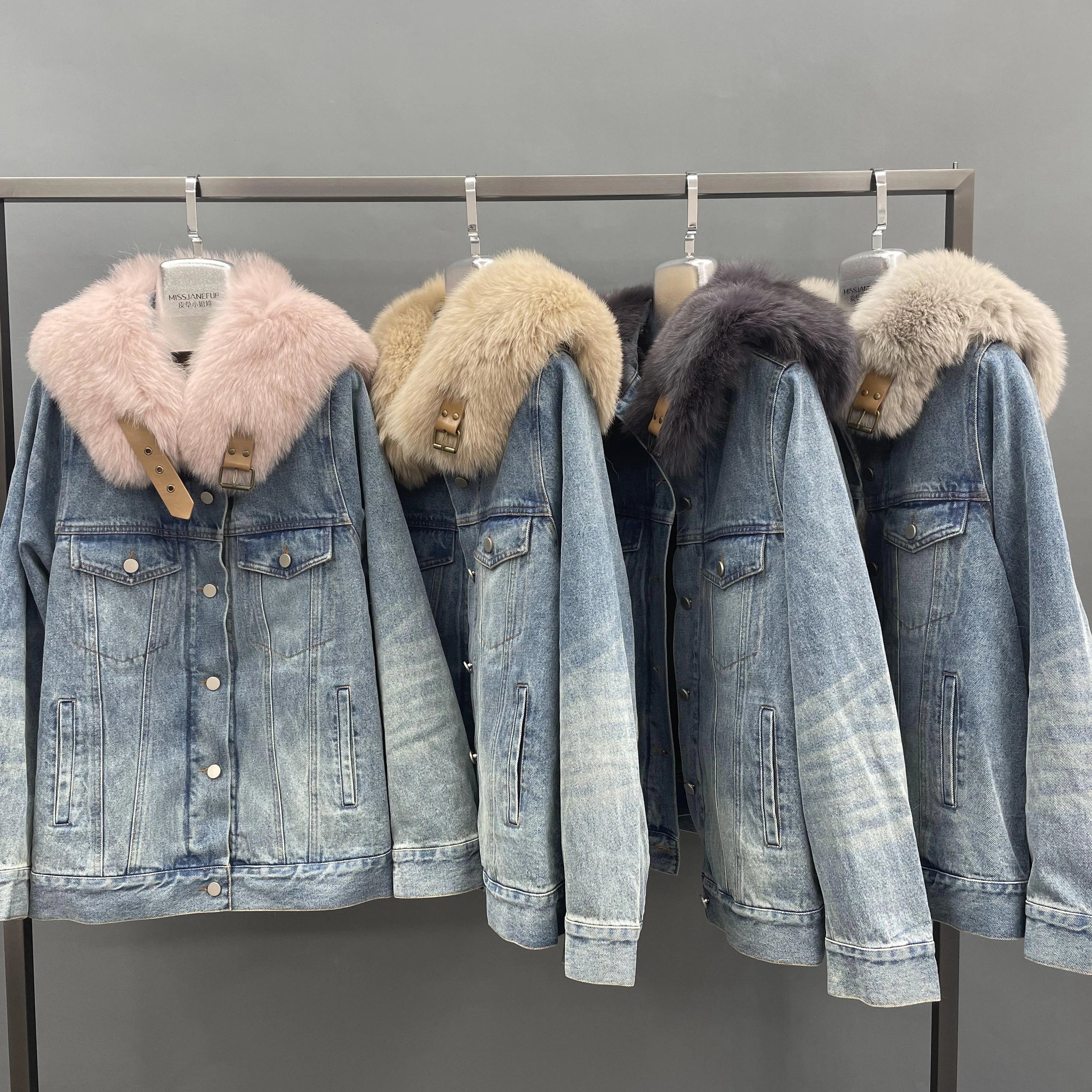 Latest Design Denim Jackets Real Fox Fur Trim Coat Rabbit Fur Lined Fox Fur Denim Parka
