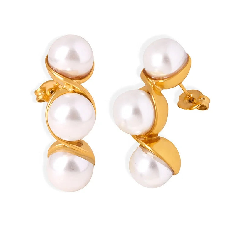 Baroque Style Women Antique Luxury Design Jewelry 18k Gold Plated Stainless Steel Twisted Pearl Glass Bead Stud Earrings