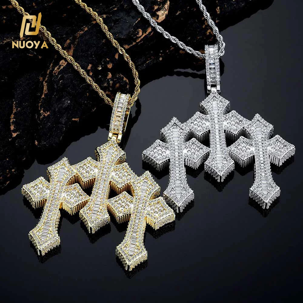NUOYA Iced Out Hip Hop Jewelry Crystal Custom Three Cross Pendant Big Size Shiny Baguette Diamond Charm Cross Pendant