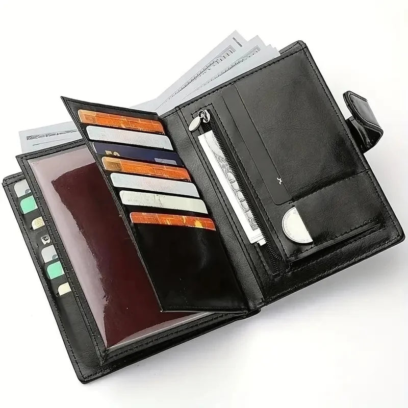 Men's Passport PU Leather Wallet Multiple Card Slots and a Clear ID Window Vintage Business Card Bag