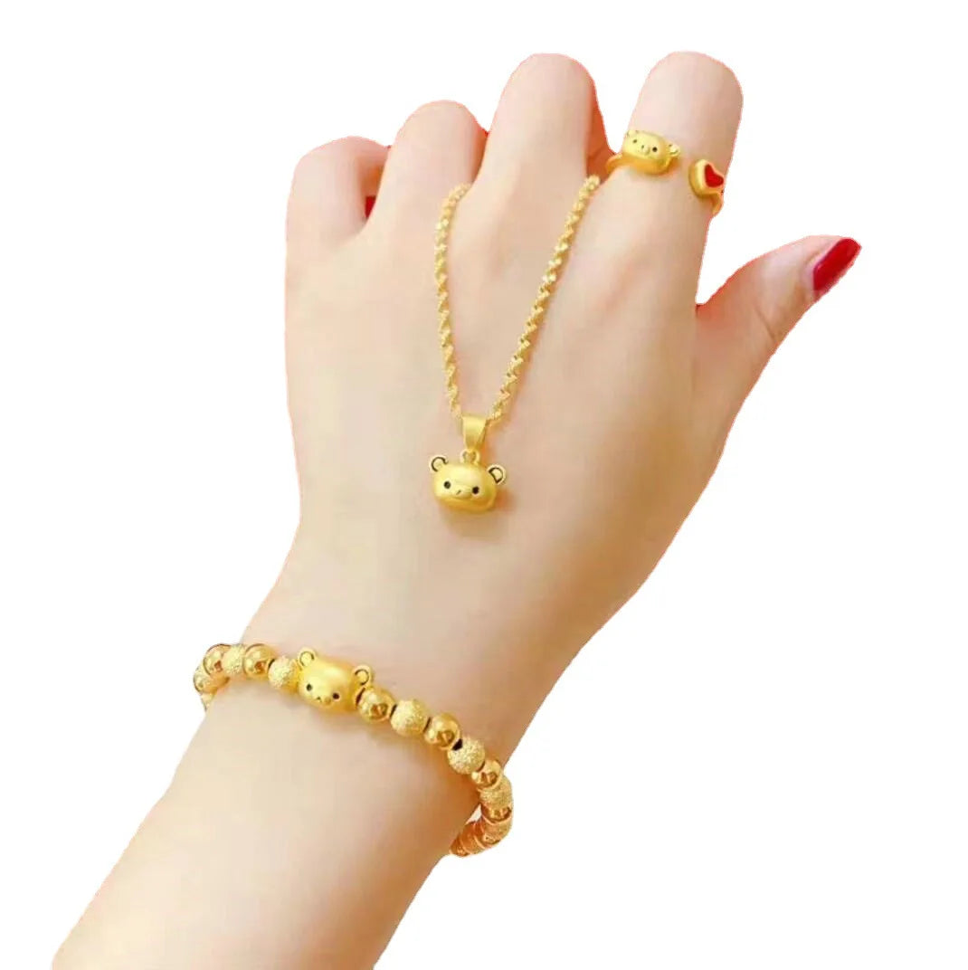 Dubai Gold  Jewelry Bear Pendant Ring Bracelet Set Hard Gold Bear Jewelry Sand Gold Jewelry