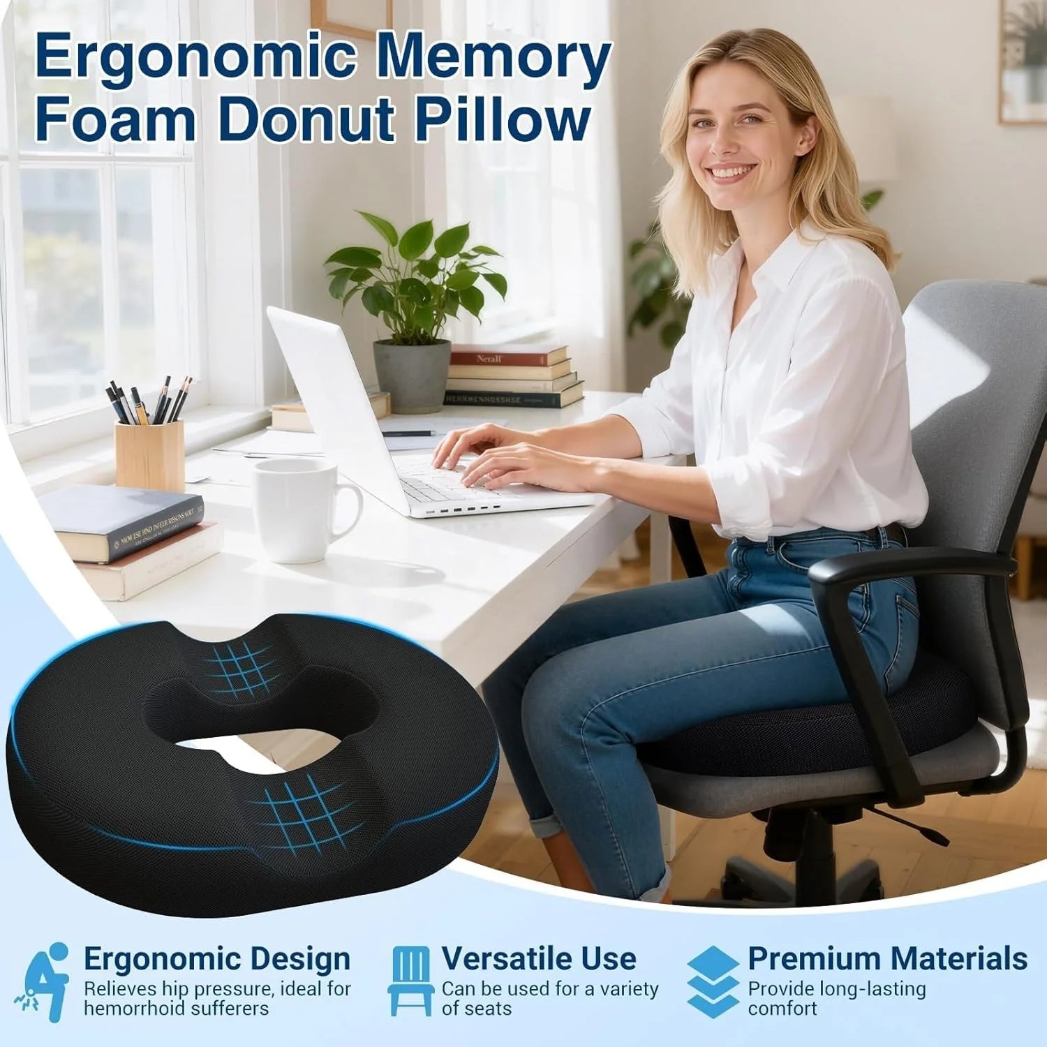 Thickened Ergonomic Hemorrhoid Widened Cutout Thigh Slope O-Shaped Ultimate Comfort Large Size Black Pillow Pad Back Support