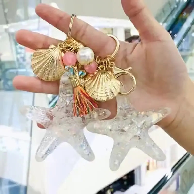 Keyring De Estrella New Starfish Keychain Resin Lovers Seashells Metal Car Key Ring Pendants Bag Chain Liquid Star Keychain