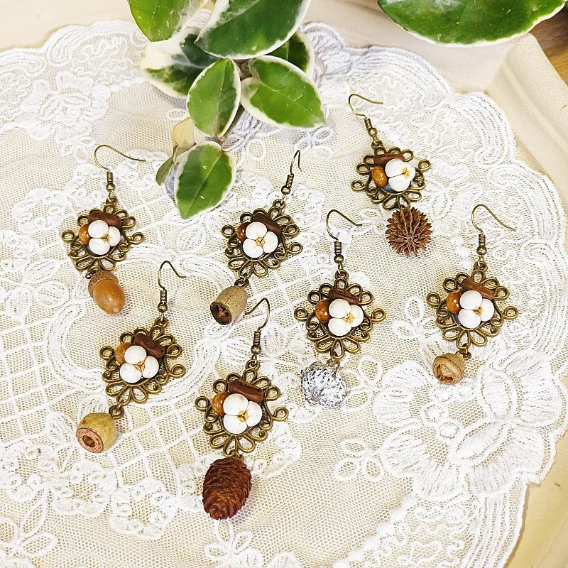 Exquisite Gold Plated Lace Diamond Pendant Earrings Retro Geometric Coffee Bean Fruit Dangle Earring for Women Daily Jewelry