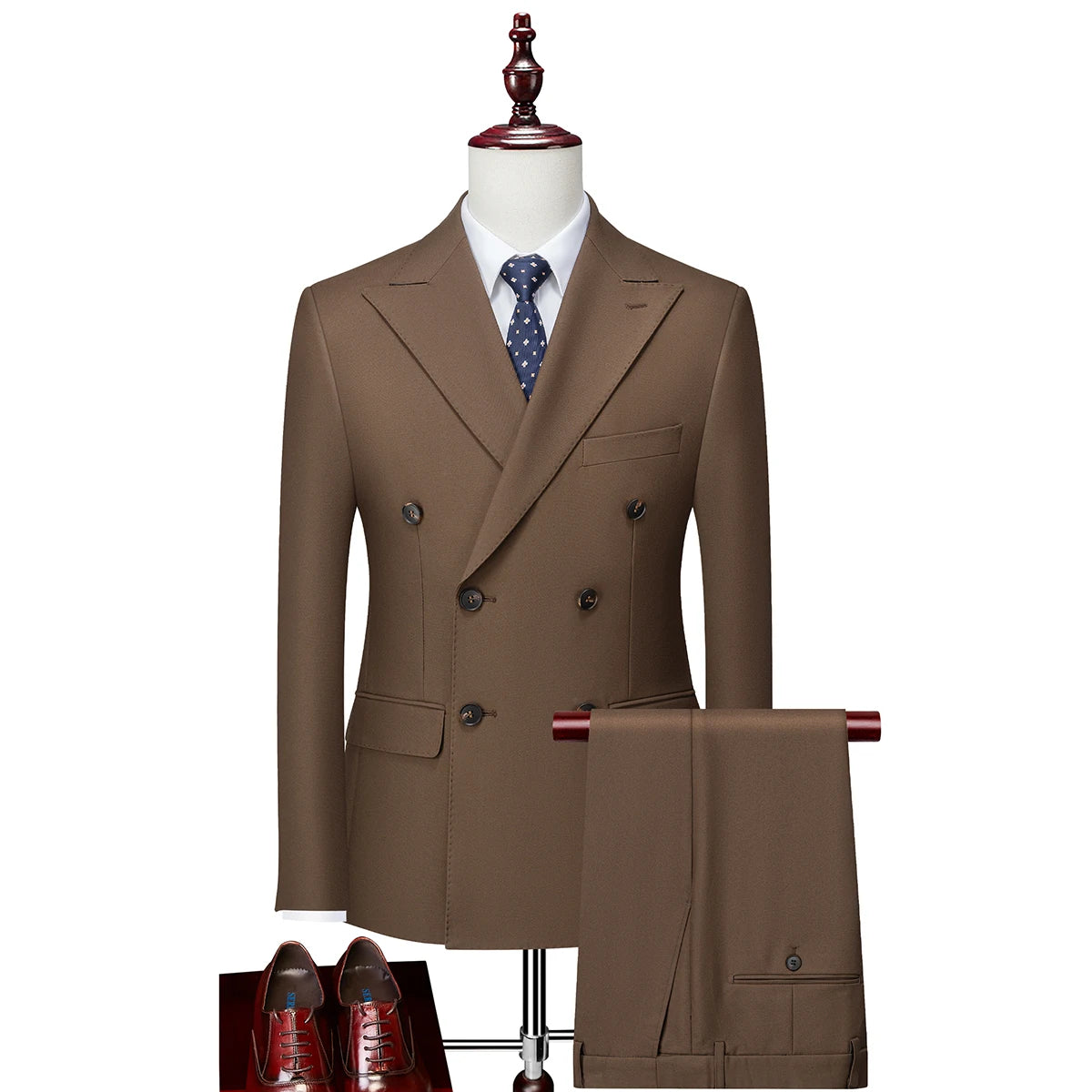 Men's BrownTwo-Button 2-Piece Stripe Double Breasted Business Style With V-Neck Collar Closure Bridegroom Bestman Suit 9112