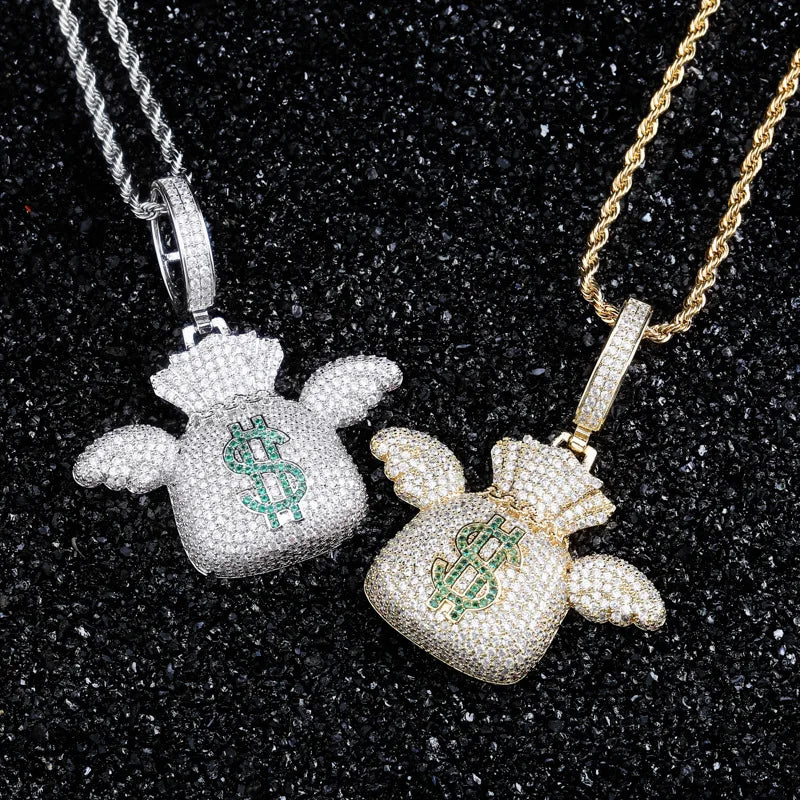 New Dollar Cubic Zircon Iced Out Chain Wing Purse of Dollars Hip Hop Jewelry Pendant Necklace Necklaces for Man Women Gifts
