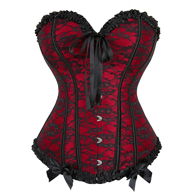 Overbust Corset Black Red Blue Floral Lingerie Basques Corselet Waist Bustier Top
