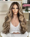 High Density Double Drawn Grade 12A European Human Hair Wigs Balayage Style Body Loose Wave Swiss Lace Front Wig
