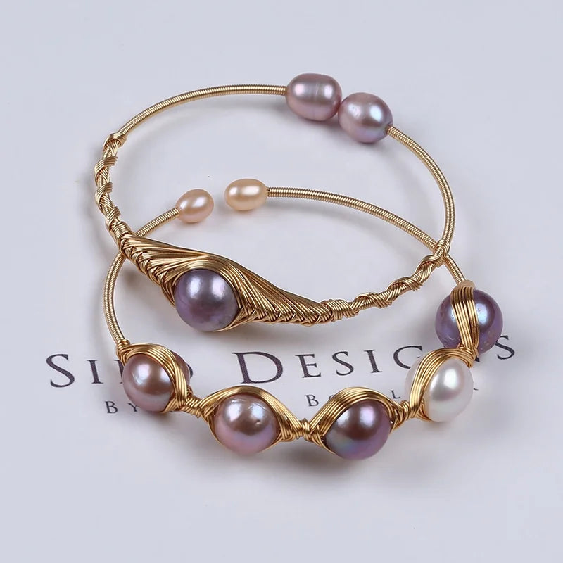 Natural Freshwater Pearl Bracelet Adjustable Cuff Opening Bangle  for Women