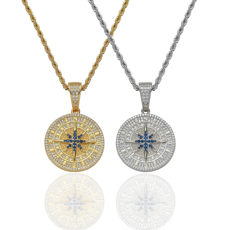 5A Hip Hop Pendant Necklace 18K White Gold Plated Iced Out Jewelry CZ Cubic Bling Zircon Compass Pendant Link Chain for Parties