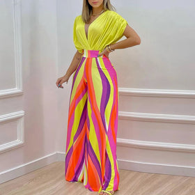 Spring and Summer New Printed Bat Sleeve Top Wide Leg Pants Two Piece Set