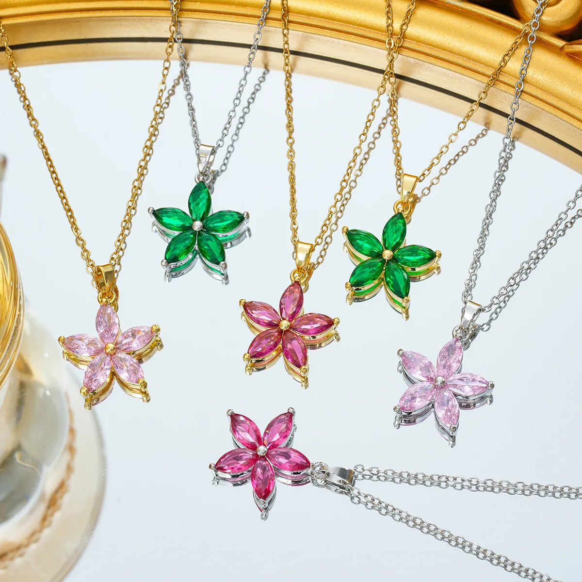 HOVANCI 4 Gold Plated Stainless Steel Chain Cubic Zirconia Flower Necklace Delicate Purple Zircon Floral Pendant Necklace