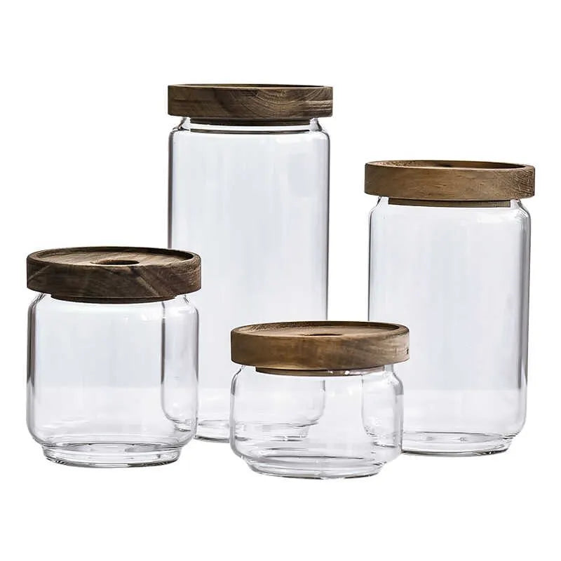 Wholesale 2023 Hot Sale Sealed Kitchen Coffee Beans Tea Glass Storage Bottles Jars with Acacia Wooden Lid