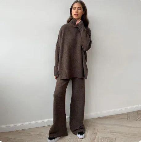 Autumn and Winter Women's Casual Elastic Loose Knitted Lounge Set Two Piece Cozy Knit Turtleneck Sweater Pant Set