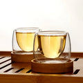 In Stock High Borosilicate Double Wall Glass Tea Cup With Bamboo Wooden Base