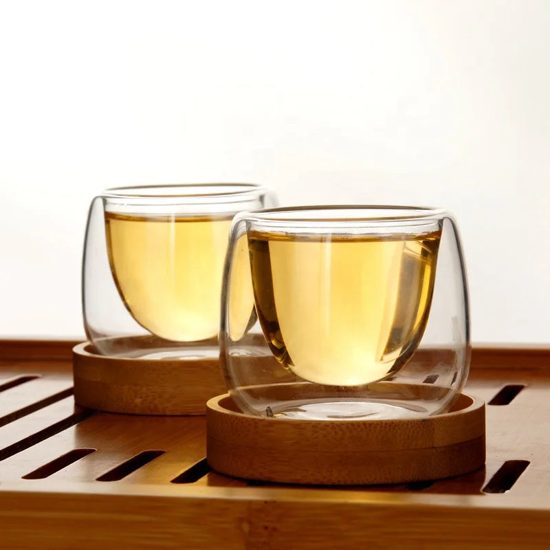 In Stock High Borosilicate Double Wall Glass Tea Cup With Bamboo Wooden Base