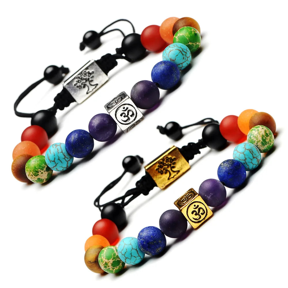 Life Tree square Agate Matte Natural Stone Seven Chakra Yoga Energy Buddha Bead Woven Bracelet