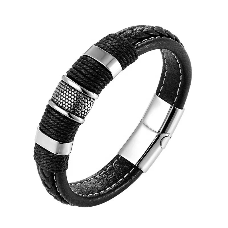 Men's Retro Fashion Hand-Woven Stainless Steel Leather Charm Bracelet