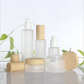 Cosmetic Frosted Glass Bottle Set Wooden Lid Plastic-Reusable Convenient Portable Empty Lotion Spray Cream Bottles for Household
