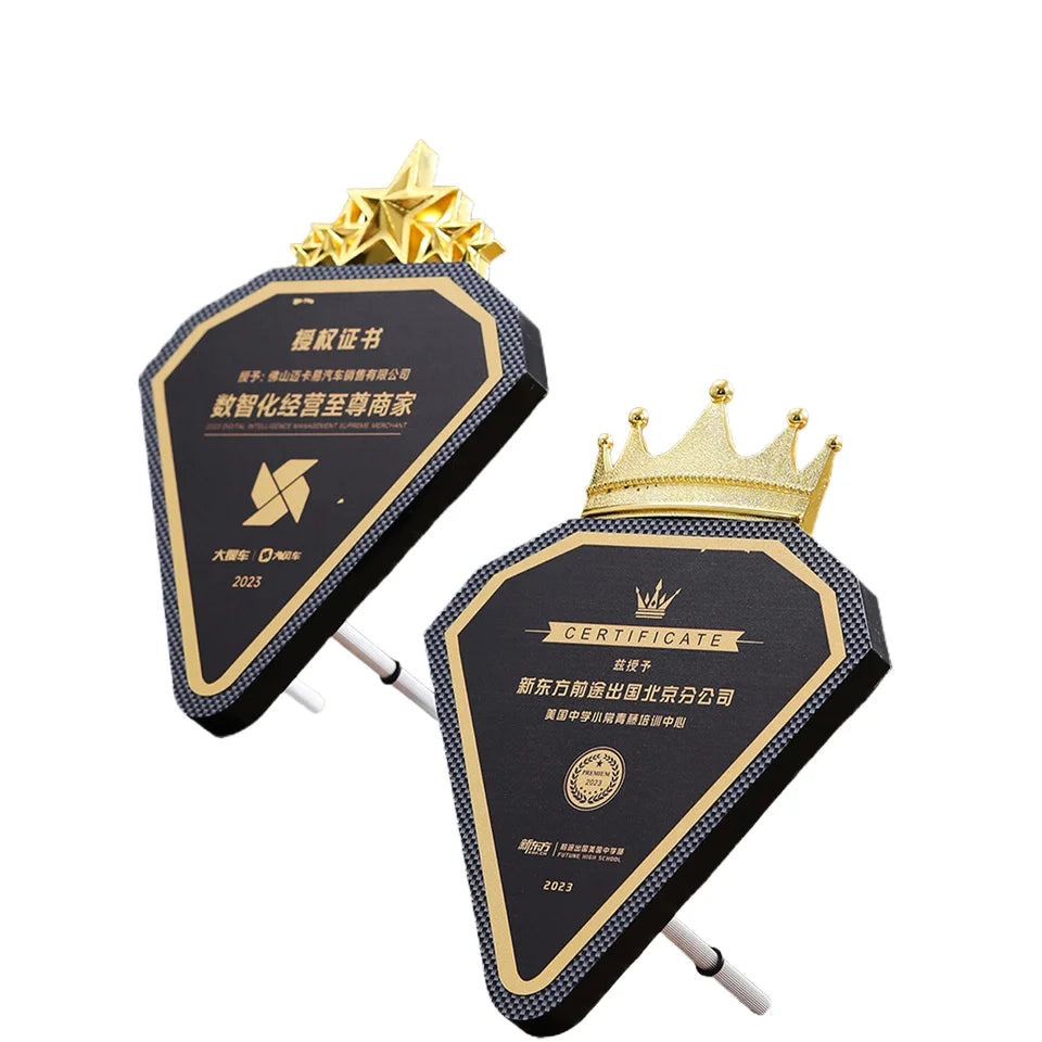 Custom UV Carving Process Shield Logo Wooden Metal Combination Carbon Fiber Medal Plaque Award Featuring Custom Carbon Crystal