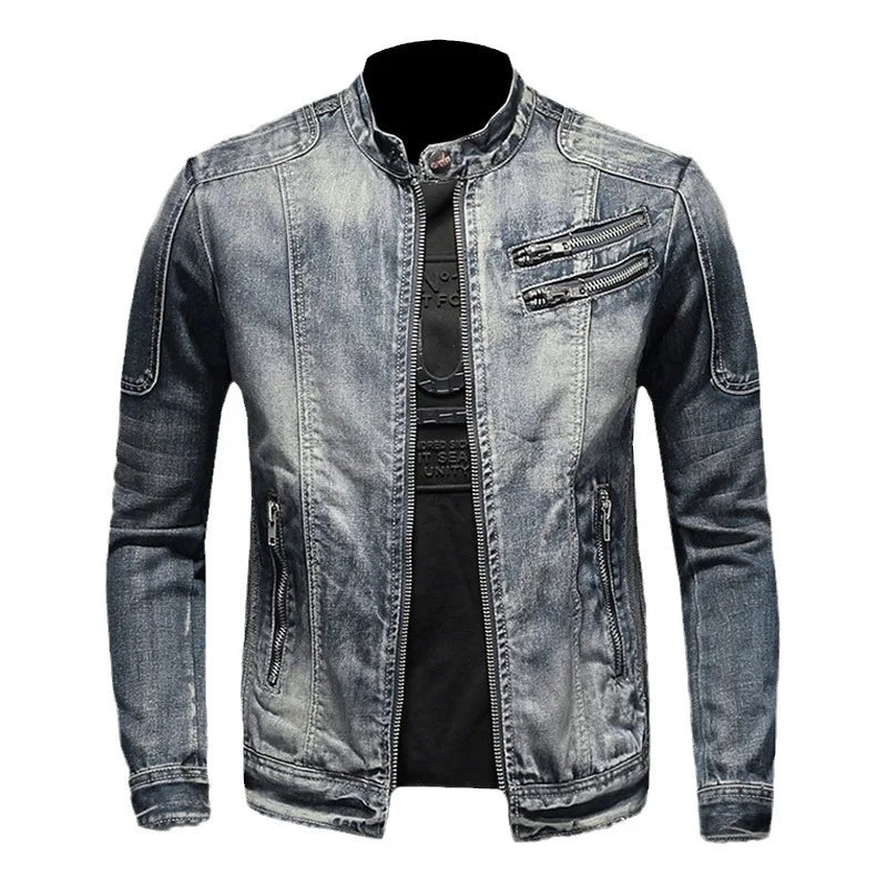 New Men's Denim Jacket Trendy Retro Fashion Casual Stand-up Collar Zipper Jacket Handsome Riding Biker Clothing Denim Tops