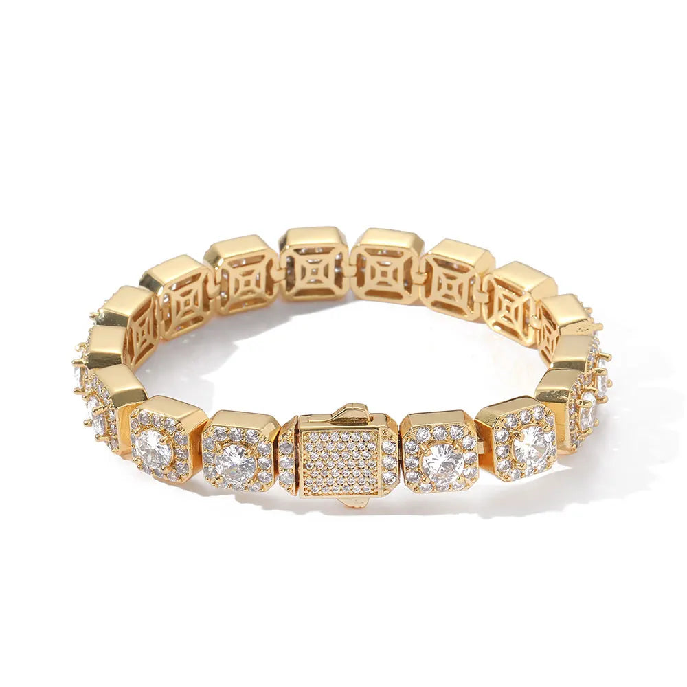 Nuoya Iced Out Jewelry 10mm Clustered Tennis Chain Bracelet Square CZ Diamond Gold Plated Tennis Bracelet for Women