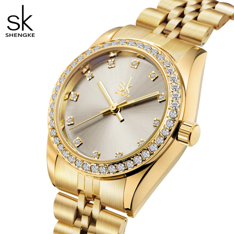 Shengke K0156 Diamond Luxury Fashion Business Women's Quartz Watch Alloy Band Stainless Steel Case