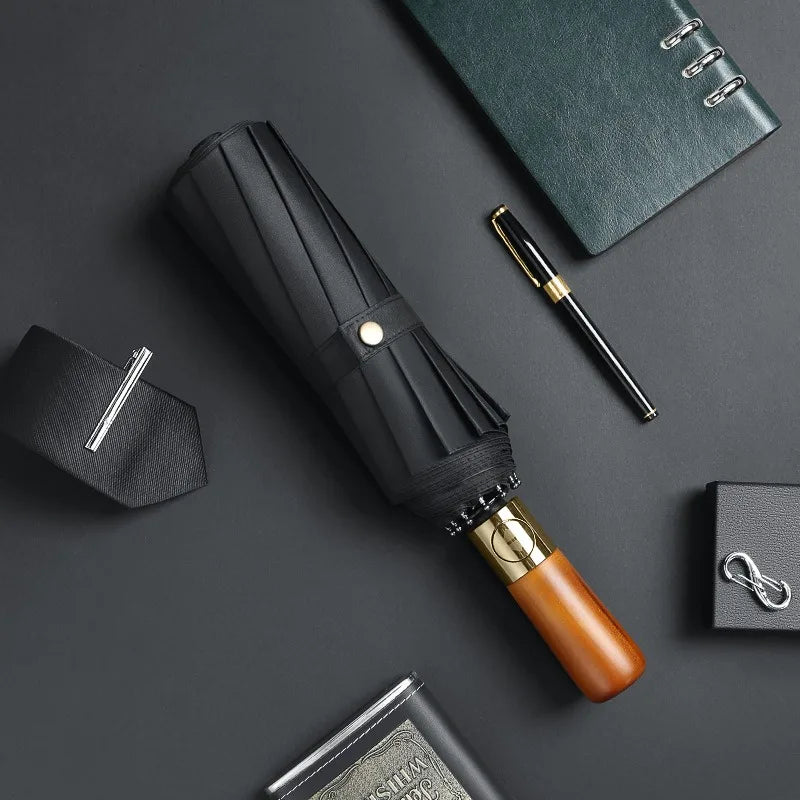 Business Outdoor UV Folding Umbrella with New Wood Handle Semi-Automatic Windproof Print for Travel and Rainy Occasions MegaBDM