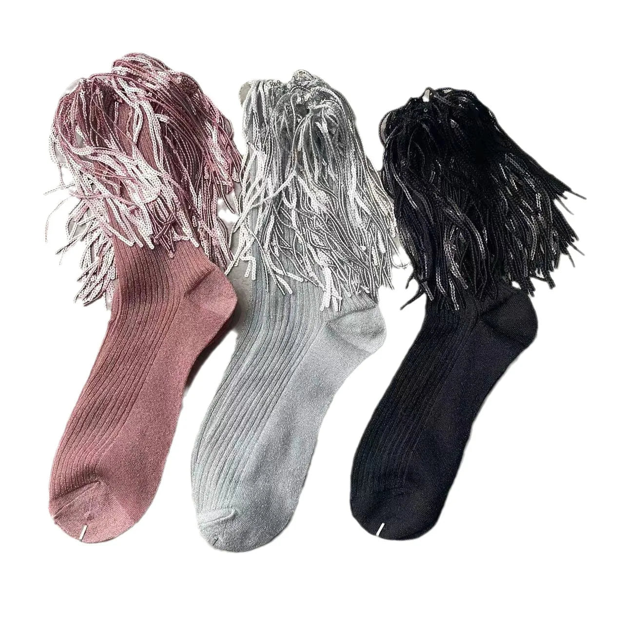 New Fashion Breathable Knitted Comfortable Crew Lady Tassels Socks Dance Sequins Slouch Women Bling