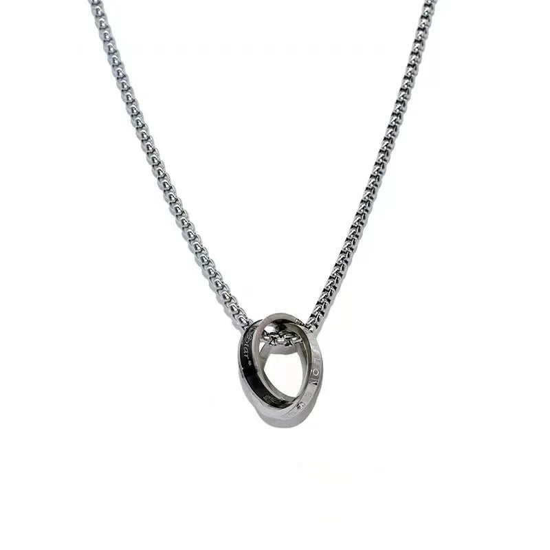 Unisex Stainless Steel Double Ring Necklace with Silver Pendant Simple Hip Hop Style Durable and Stylish for Men and Women
